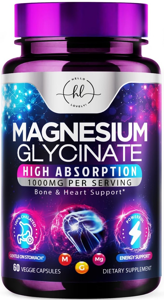 Magnesium Glycinate Supplement - 100% Chelated & Purified - to Support Sleep, Heart Health, Muscles, & Bone Strength - Gentle, High Absorption Magnesium Formula - Vegan, Bottled in USA - 60 Capsules