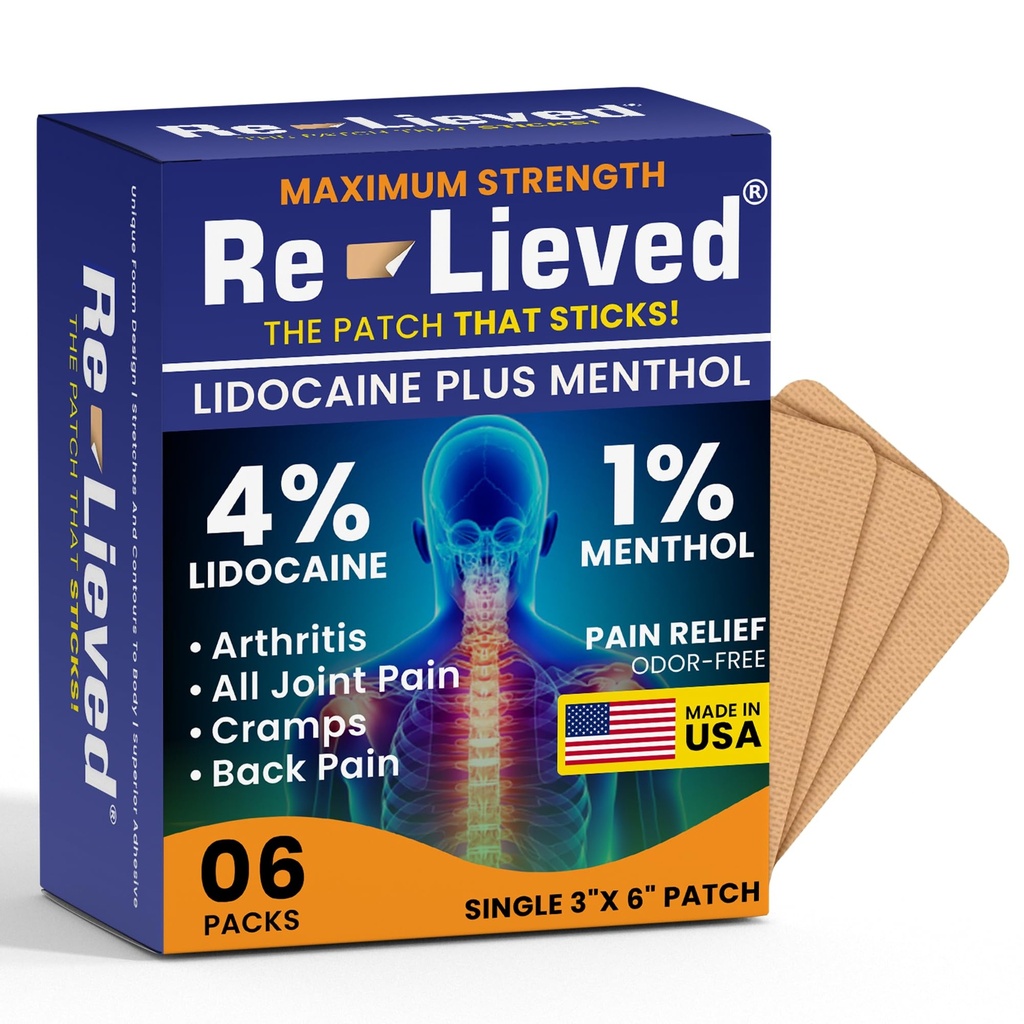 Opgelucht 4% Lidocaïne Patches met Menthol - Maximale sterkte pijnverlichting voor rug, knie en spierpijn - Snelwerkende Gemedicineerde Patches - Made in USA - 6 Tel.