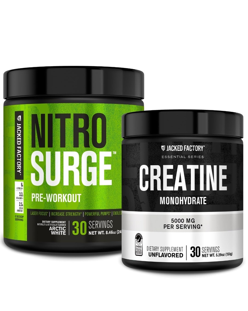 Supplément préentraînement de l'usine Jacked NITROSURGE (blanc arctique) Poudre monohydratée de créatine 150g (non aromatisée) pour la croissance musculaire, la force accrue, l'énergie accrue