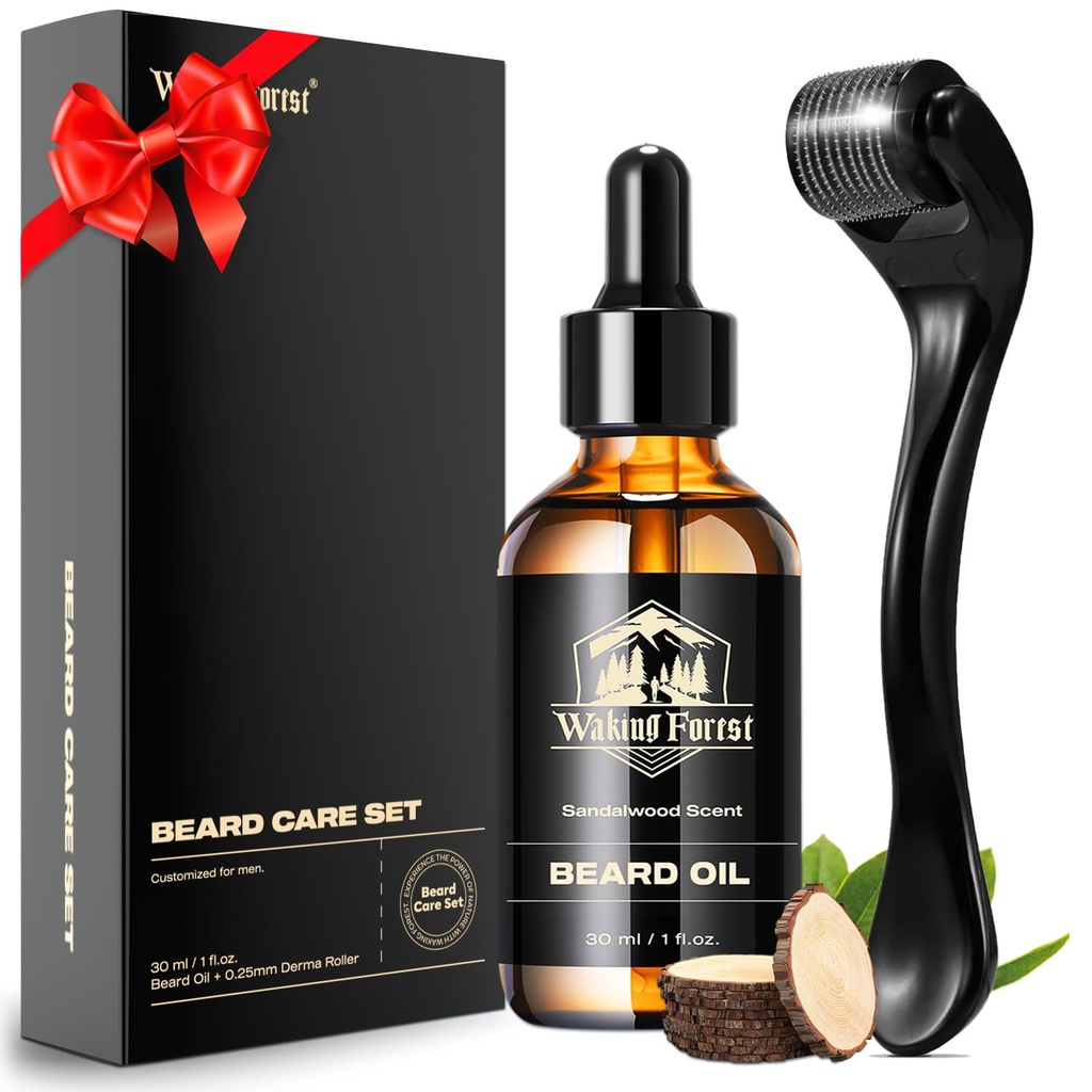 Waking Forest Derma Roller 0.25mm & Beard Oil(1oz), Sandalwood Baard Kit, Microneedle Baard Roller met 540 Titanium, natuurlijke vochtinbrengen met vitamine E baardolie voor mannen, vaders vriendje papa