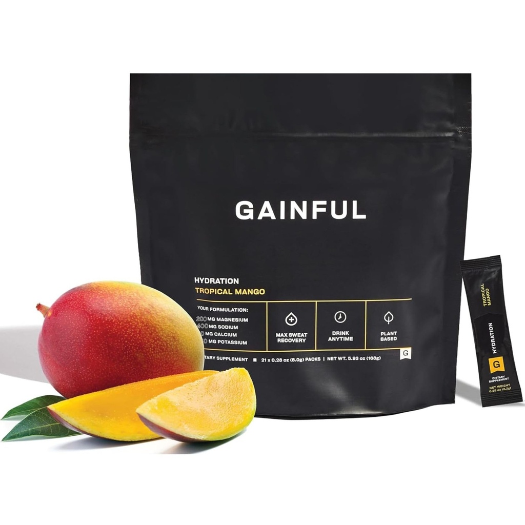 Krachtige Hydration Powder Packets, Cafeïnevrij met Key Electrolytes Magnesium en Natrium, Energie Ondersteuning, Lage Suiker, Tropische Mango, 21 Sticks