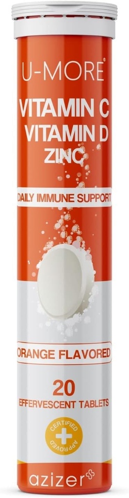 U-MORE Vitamine C 1000mg & Zink + Vitamine D, 20 Bruistabletten, Oranje smaak, Immuun Ondersteuning Supplement, Snel oplossen, Verhoogt het immuunsysteem, Ondersteunt gezonde huid, haar, en nagels
