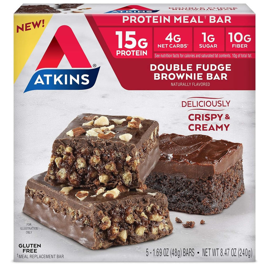 Atkins Double Fudge Brownie Proteine Meal Bar, High Fiber, 15g Proteïne, 1g Suiker, 4g Net Carb, Maaltijd Vervanging, Keto Vriendelijk