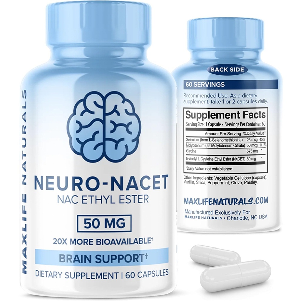 MaxLife Naturals Neuro NACET N-Acetyl L-Cysteine 60 Capsules, 20x More Bio available Glycine NAC Supplement N-Acetyl Cysteine Ethyl Ester with Selenium, 10x Glutathione Boost for Brain & Long Support