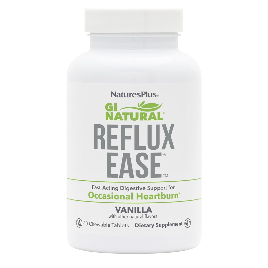 Natures Plus GI Natural Reflux Ease, Vanille - 60 Kauwtabletten - Snelwerkende Digestieve Ondersteuning - Vegetarisch, Glutenvrij - 60 porties