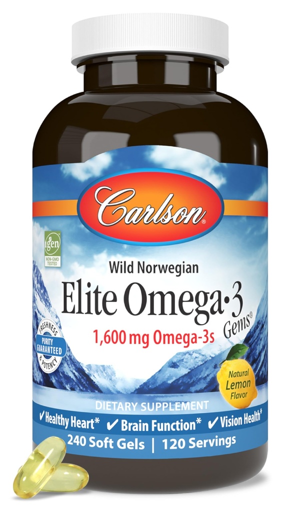 Carlson Elite Omega-3 Gems, 1600 mg Omega-3 met EPA & DHA, Lemon Flavor, 240 Softgels Wild-Caught Noorse visolie, duurzaam geproduceerd