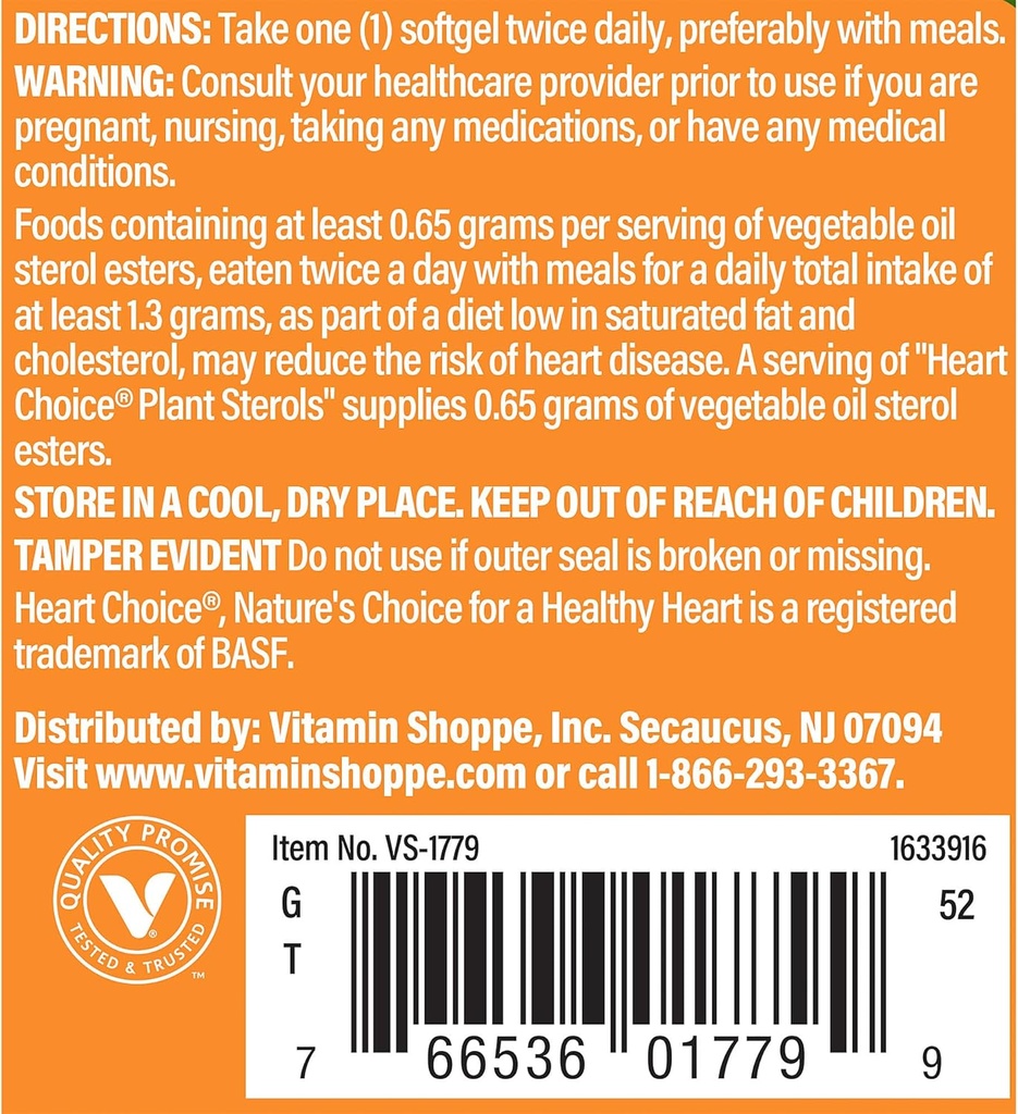 De Vitamine Shoppe Heart Choice® Plant Sterols, ondersteunt Cardiovasculaire & Cholesterol Health, 1 Serving Supplies .65 Gram van plantaardige olie Sterol Esters (60 Softgels)