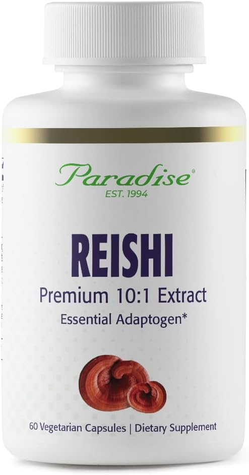 Paradise Kruiden Reishi, Essential Adaptogen, Super Potent, Ultra Pure, Non-GMO, Veganistisch, Glutenvrij, 60 Vegetarische Capsules