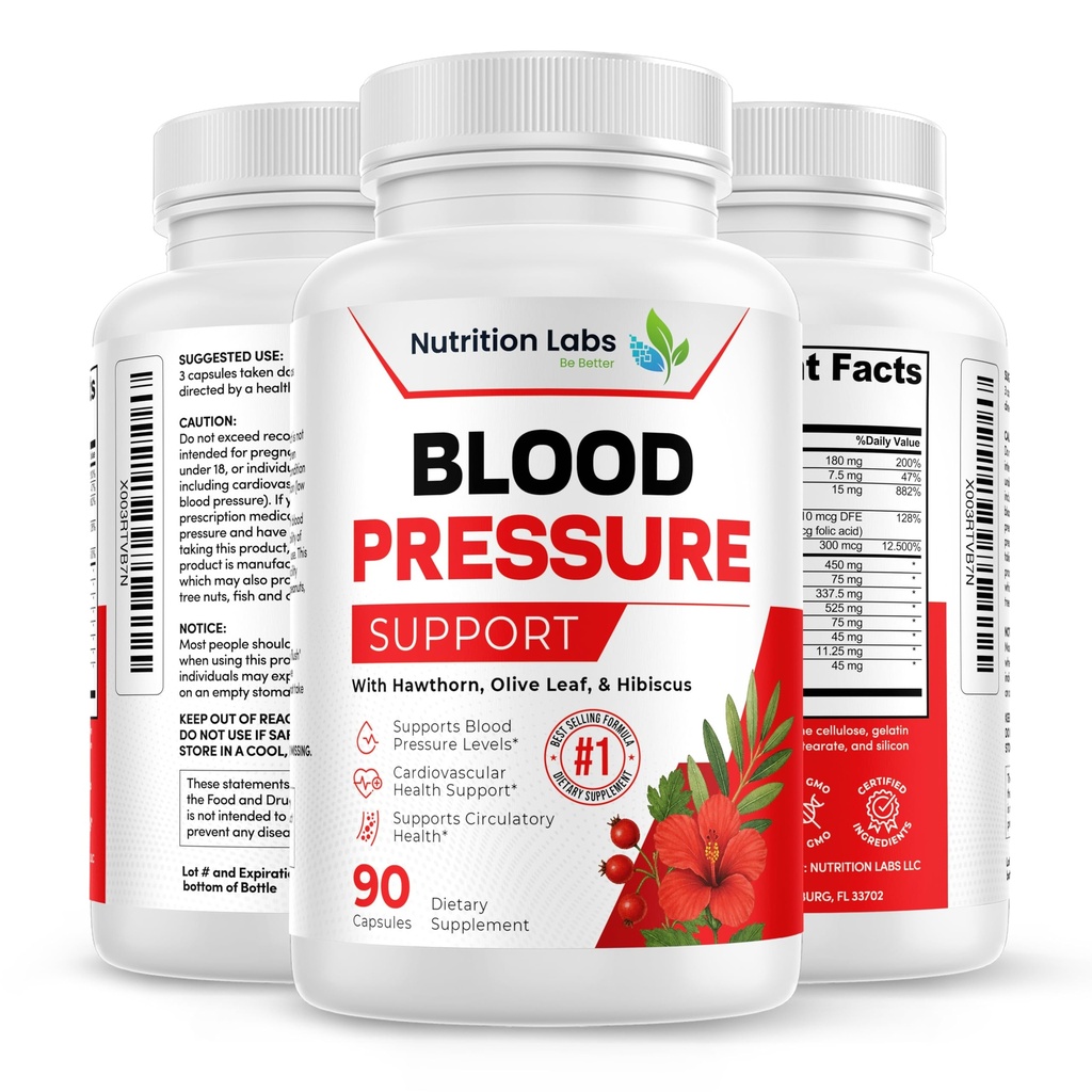Blood Pressure Support & Heart Health Cardiovasculaire Supplement W/Hawthorn, Hibiscus. Nitrikoxide Ondersteuning voor normale bloeddruk ondersteuning W/Vitamine B12 & Foliumzuur. Knoflook Supplementen. 90 CT