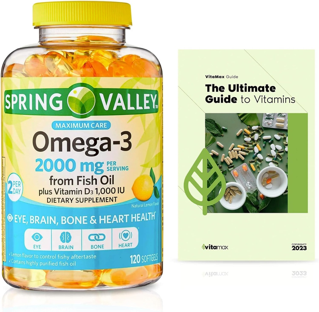 Spring Valley Omega-3 van Fish Oil 2000 mg, Maximum Care, 120 Tel + Exclusieve VitaMax Vitamine Gids (2 Items)