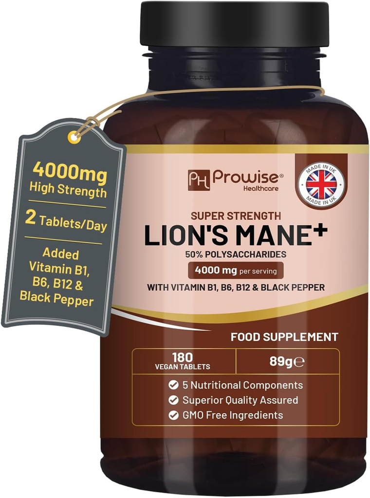Lions Mane Mushroom Supplement 4000mg with Vitamin B1, B6, B12 & Black Pepper - 180 Super Strength Vegan Tablets with 50% Polysaccharides (Not Powder or Capsules) | Made in The UK by Prowise