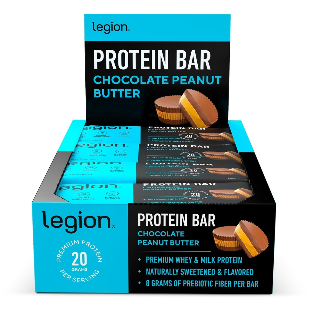 Legion Protein Bar Chocolate Peanut Butter -100% Wei Proteïne, Gebakken Bars met Prebiotic Fiber - Hoog eiwit (20g) Lage vet (12g) Lage suiker (4g), Geen soja, Gluten - Natuurlijke smaken (12 telling)