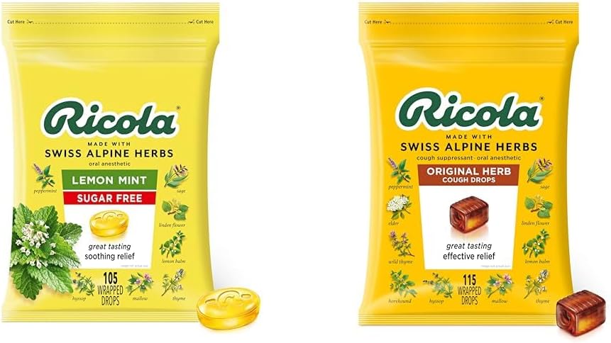 Ricola suikervrije citroenmunt kruiden Hoest Suppressant Throat Drops, 105ct Bag & Original Natural Herb Cough Drops, 115 Cough Suppressant & Throat Relieving Drops