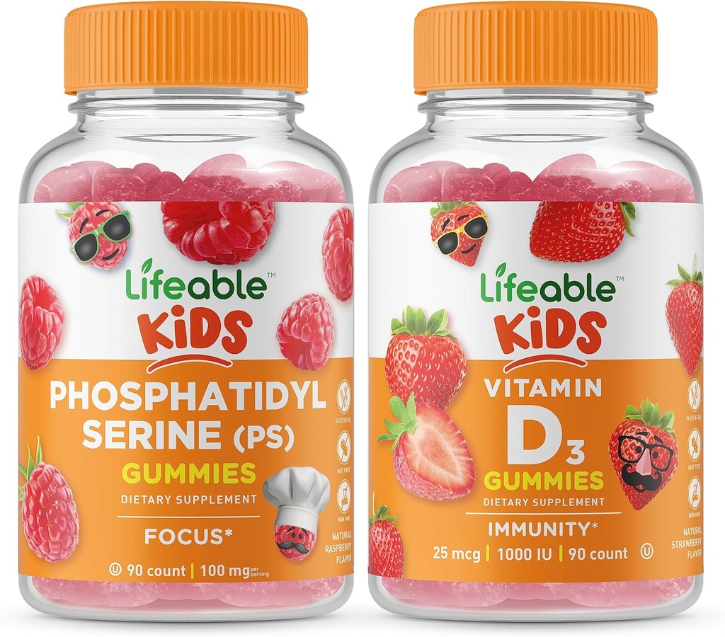 Levensvatbare Fosfatidylserine (PS) Kinderen + Vitamine D Kids, Gummies Bundle - Grote Proeverij, Vitamine Supplement, Glutenvrij, GGO-vrij, Kauwgom