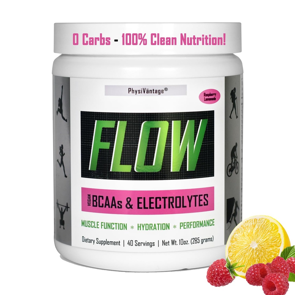 PhysiVantage - Poudre d'électrolyte à flux avec BCAAs - Mélange de boisson sans sucre et de récupération musculaire – végétalien, électrolyte céto-friendly - Zéro sucre, 40 portions, Lémonade framboise Saveur