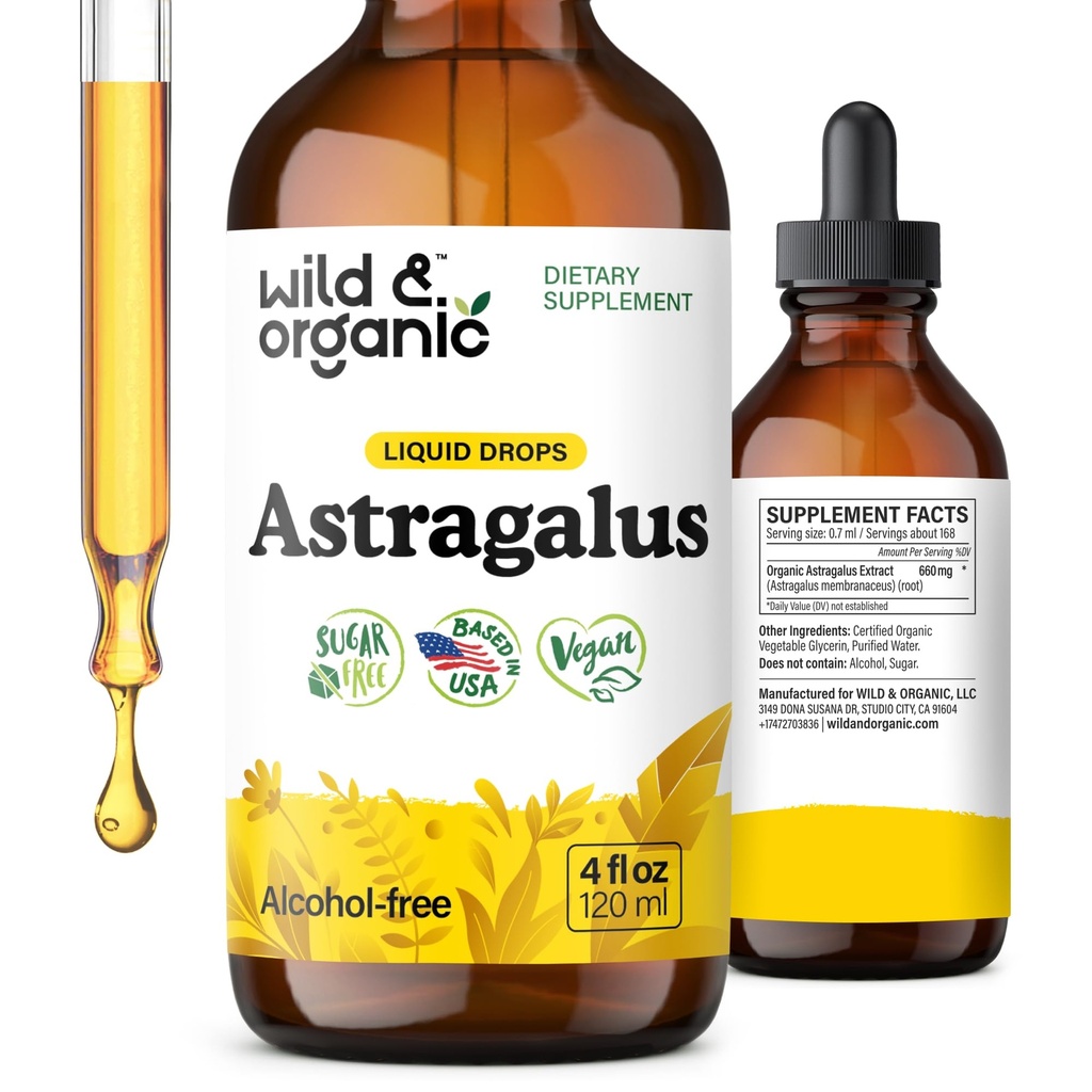 Wild & Organic Astragalus Tinctuur - Immune Support Supplement w/Astragalus Root Extract - Veganistische Tinctuur voor Immuniteit - Suiker & alcoholvrije druppels - 4 fl oz