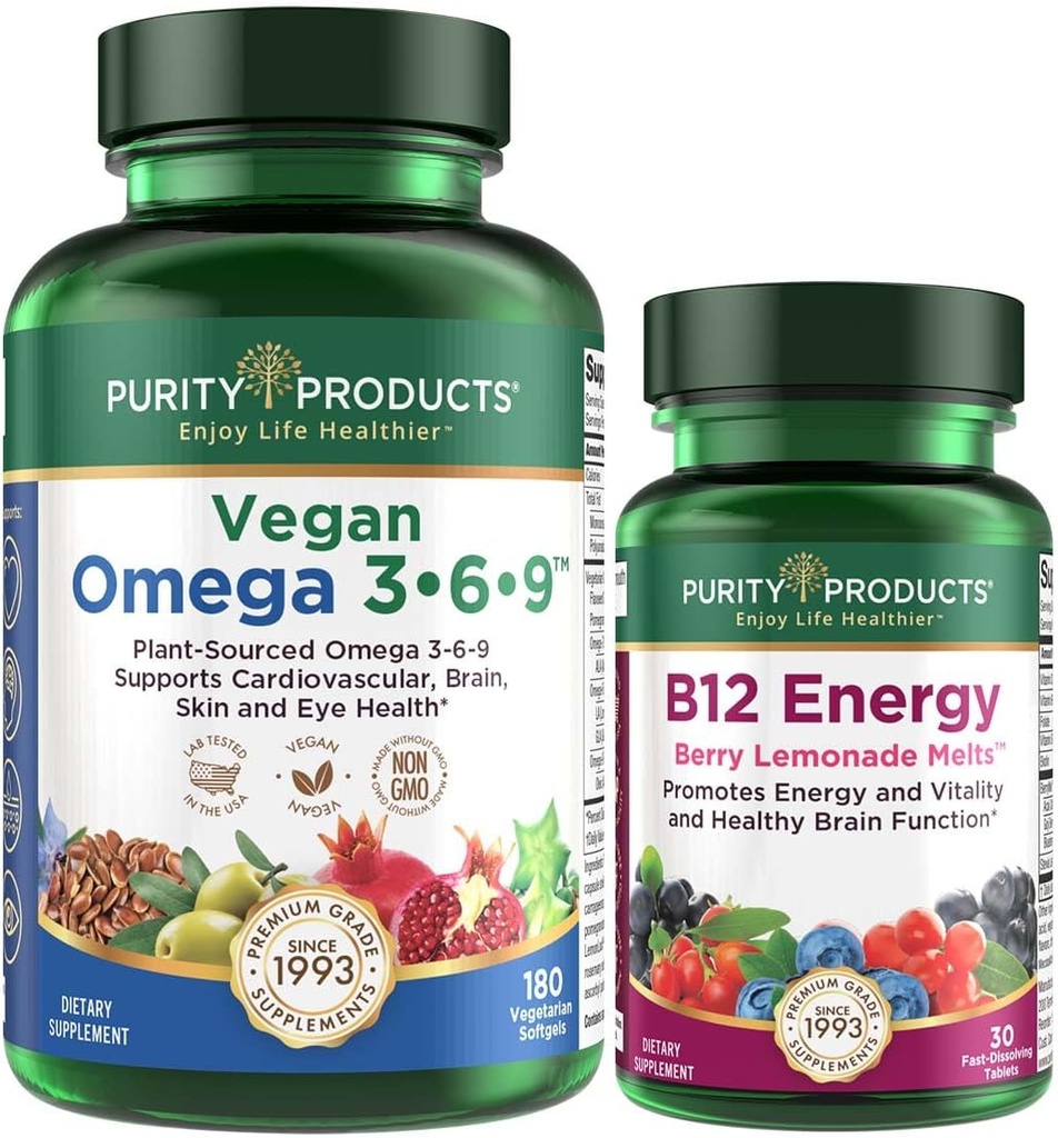 Purity Products Bundle - Vegan Omega 3-6-9 (180 ct) + B-12 Energy Smelt Omega 3-6-9 (