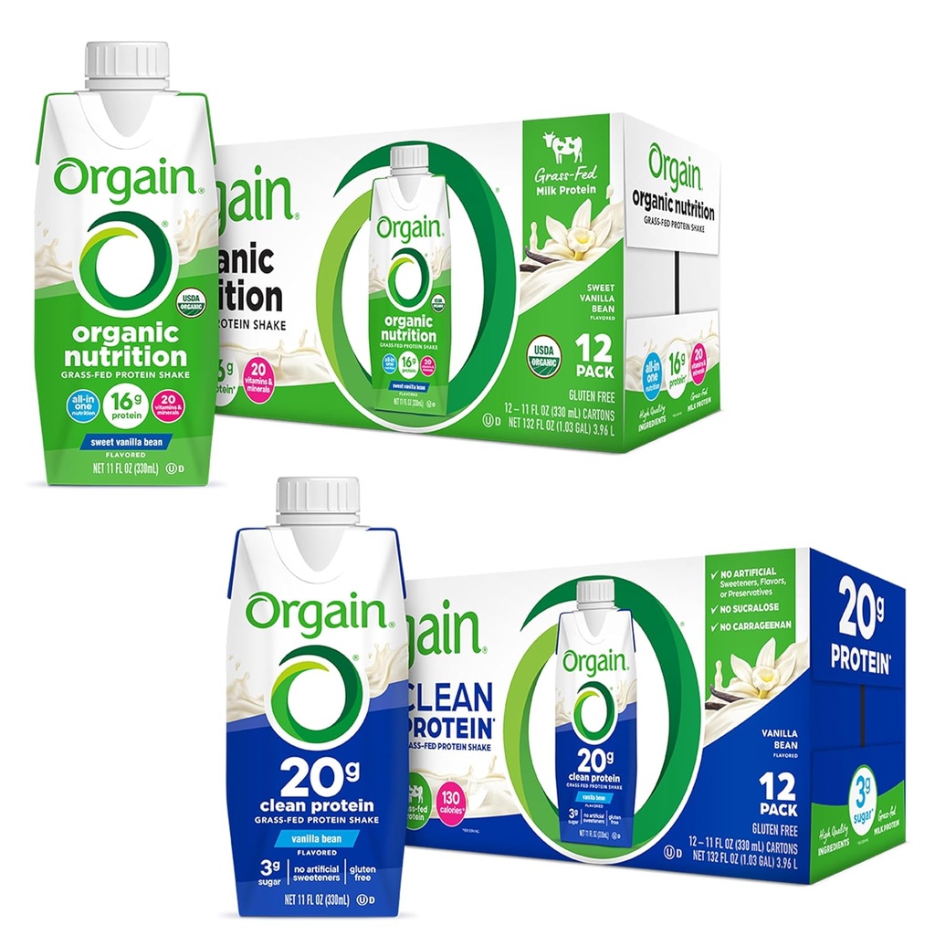 Orgain Protein Shakes Bundle - Grass Fed Whey and Milk Protein, Vanilla Flavored (12 Pack)