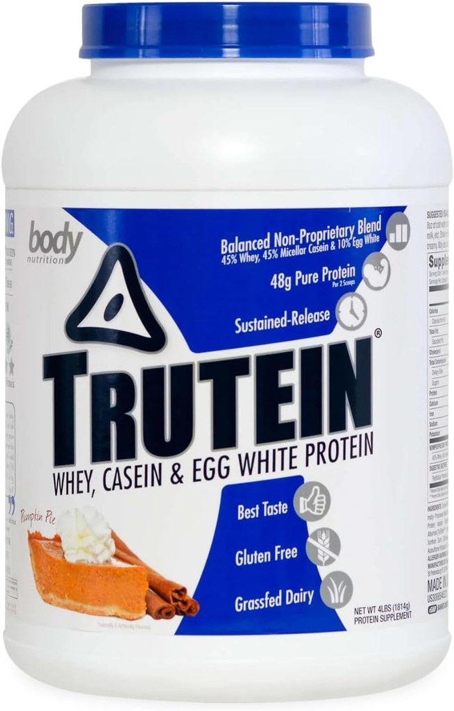 Body Nutrition Trutein High Protein Powder: 45% Wei, 45% Caseïne, 10% Egg White, Glutenvrij, Low Sodium, Grass Fed Wei Protein Powder, Gym Supplement & Breakfast Shake, Pumpkin Pie, 4lb