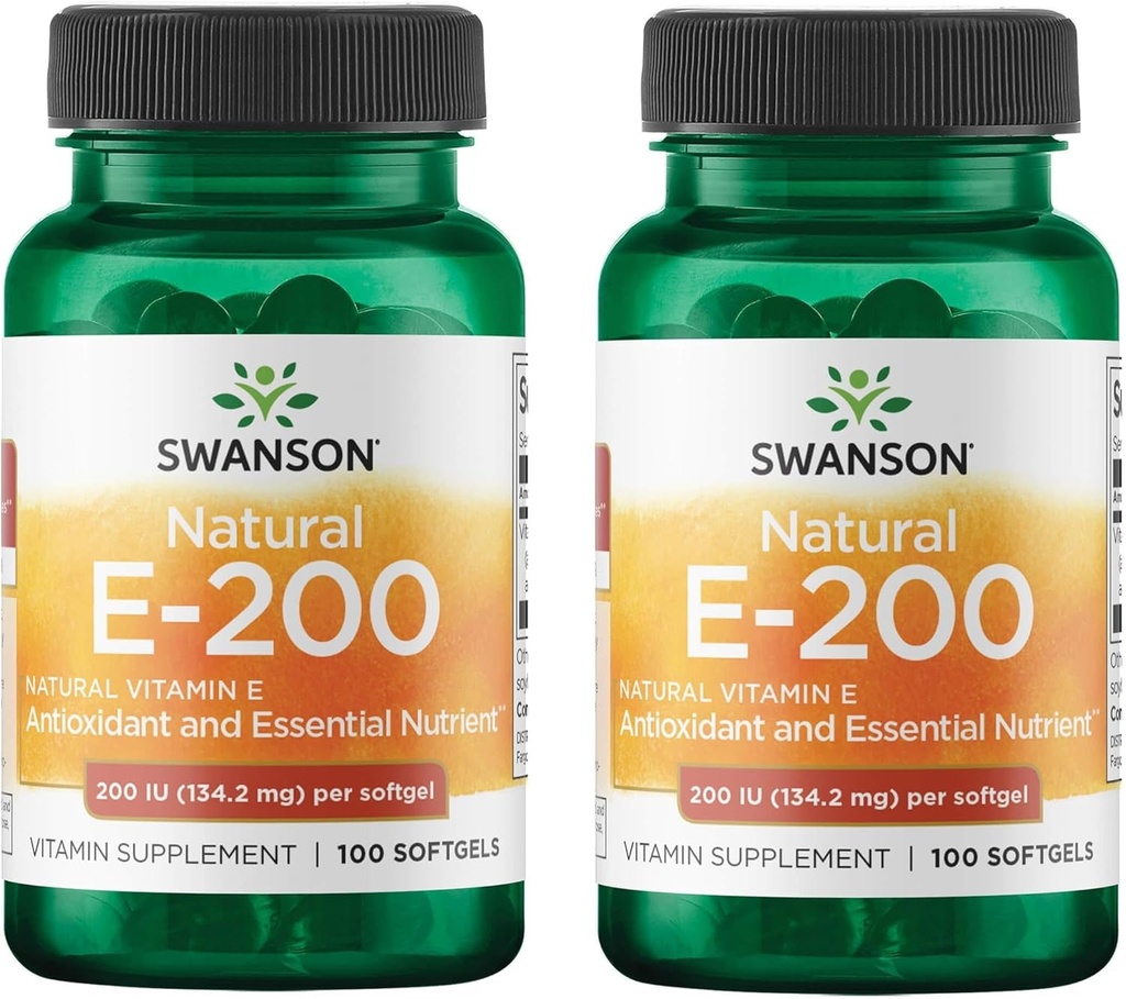 Swanson natuurlijke vitamine E - natuurlijk supplement ter ondersteuning van de bescherming van de gezondheid en het weefsel van het hart - essentiële voedingsstoffen ter bevordering van de algehele gezondheid en welzijn (100 Softgels, 200IE) (2 verpakkingen)