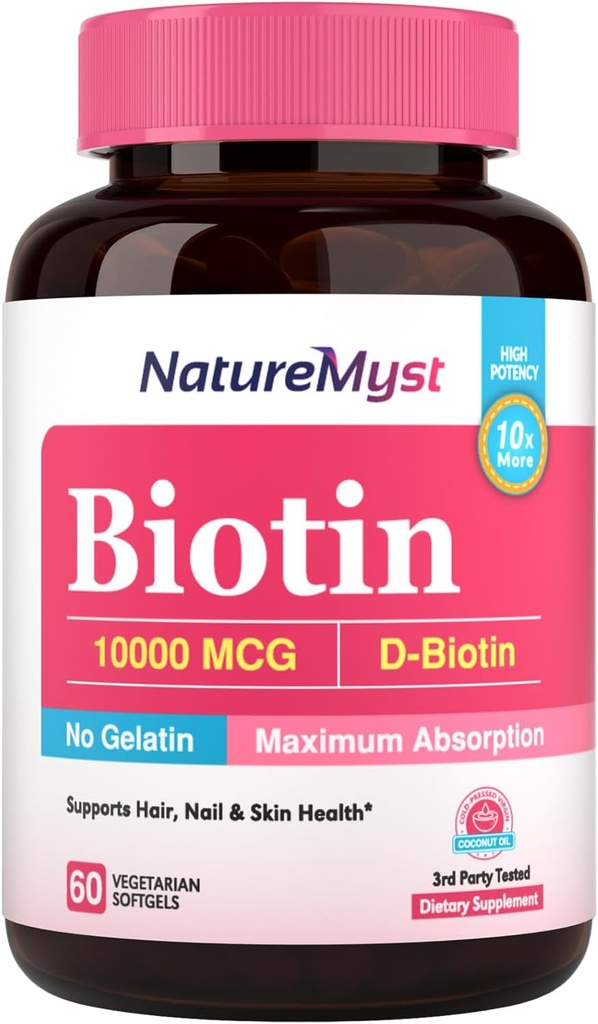 Biotine 10000 mcg, Hoge Potentie, Biologisch actieve, Cold-Pressed Kokosolie voor maximale absorptie, Geen Gelatine, Haar, Nagels, Huid, 60 Vegetarische Softgels