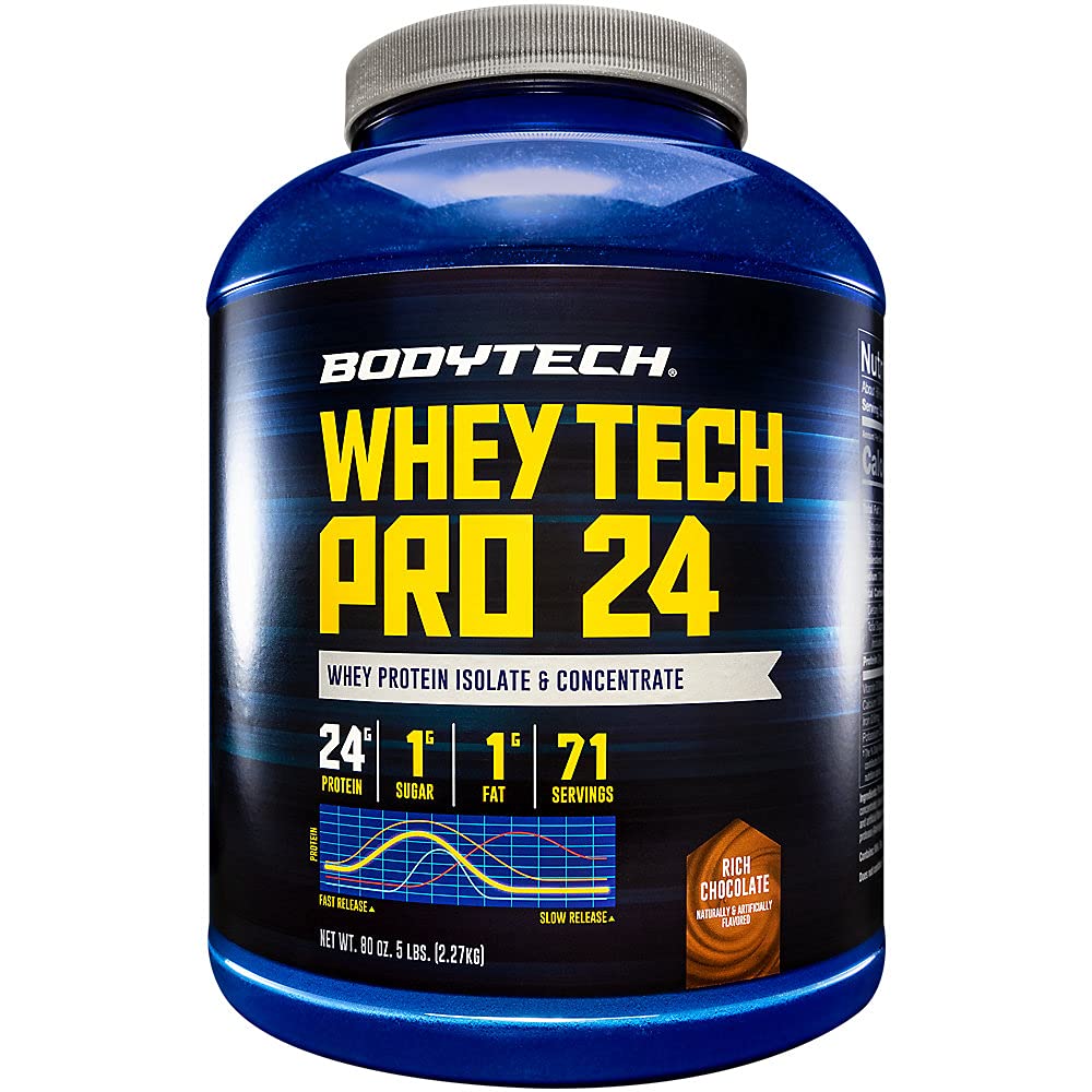BODYTECH Whey Tech Pro24 Protein Powder - Rijke chocoladesmaak voor spiergroei en herstel, Het verstrekken van 24g eiwit per portie voor optimale fitness en prestaties (5 lbs / 71 Servers)