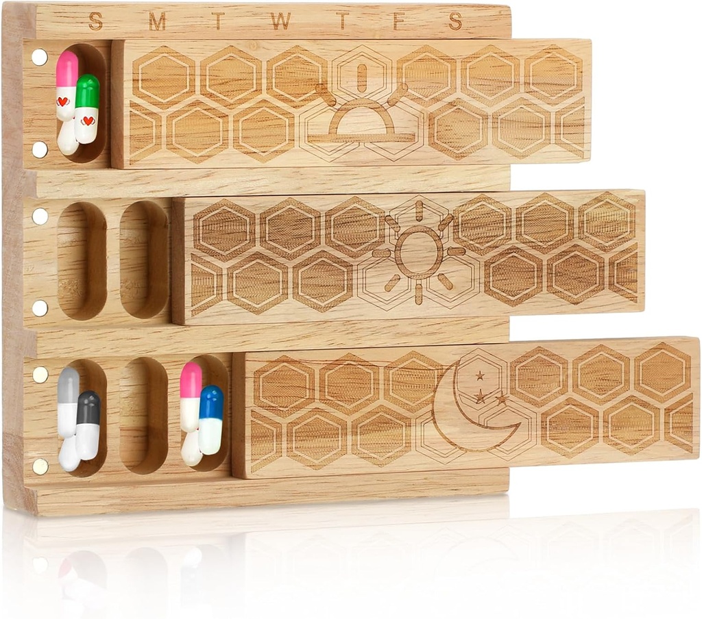 Hushee Wood Weekly Pill Organizer 3 fois par jour 7 jours Large Medicine Box Holder Daily Médicament Case Vitamine Dispenser Pill Sorter Fish Oil Containers for Weekly Complements Outdoor Travel