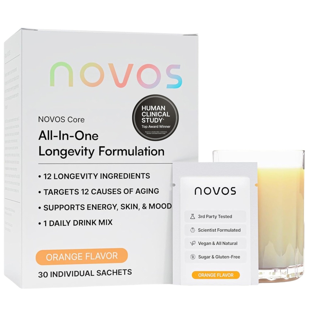 NOVOS Core Longevity Mix, Anti-Aging Supplement, Drinkpoeder Packet Orange Flavor - Skin Support, Energie, Mood, Slaap en Cognitie Ondersteuning - 30 Servingen