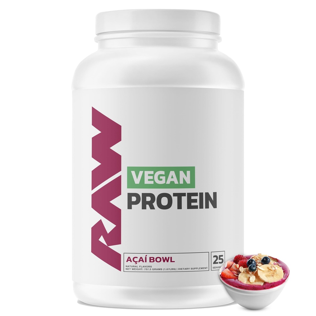 RAW Vegan Protein Powder, Acai Bowl - 20g Plant Based Protein Powder en versterkt met vitamines voor spiergroei & Recovery - Low-Fat, Low Carb, Naturally Flavored & Sweetened - 25 Servers