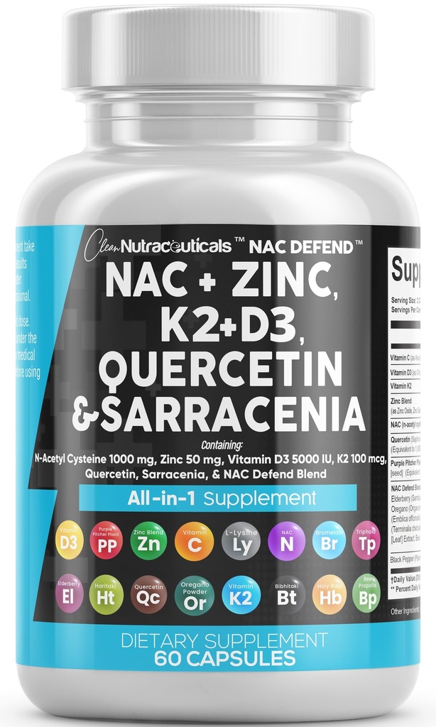NAC Supplement N-Acetyl Cysteine Vitamine D3 K2 Zink quercetin Sarracenia Purpurea Immune Support 