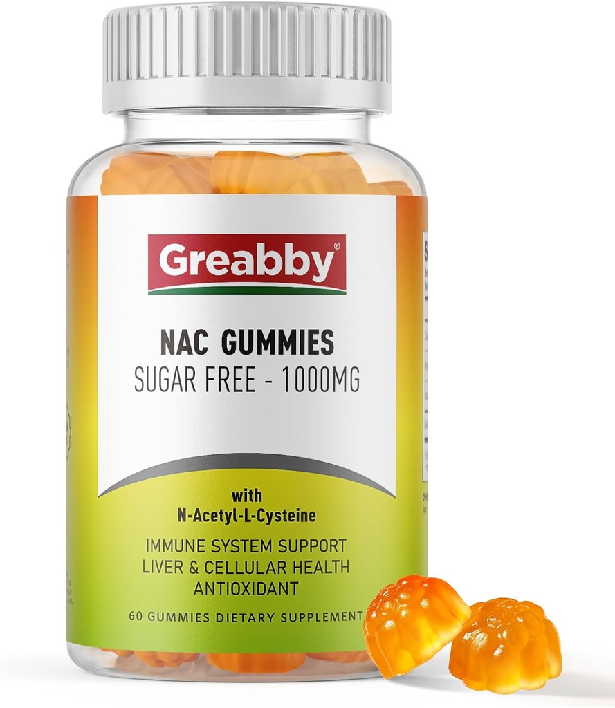 NAC Gummies Sugar Free, N Acetyl Cysteine NAC supplement 1000mg voor antioxidanten, Lung & Lever Gezondheid, Immuun Ondersteuning, Vegan Orange Smaak, 60ct