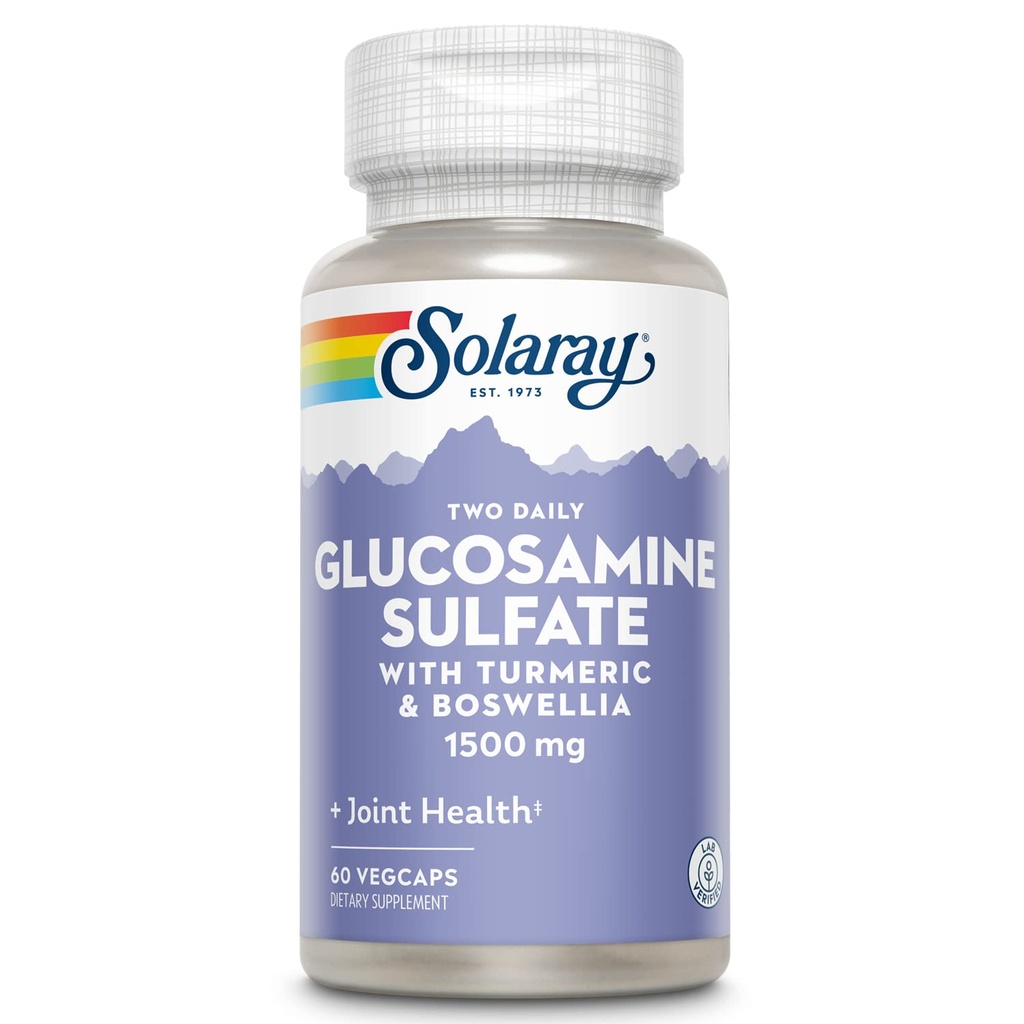 SOLARAY Glucosamine sulfaat 1500mg, gezonde gezamenlijke ondersteuning Supplement, krachtige Connective Tissue en Joint Health Formula met Kurkuma & Boswellia, 60 dagen geld terug garantie, 30 Serv, 60 VegCaps