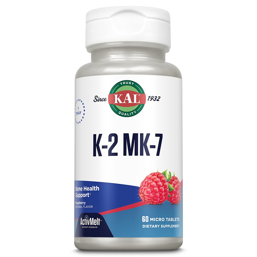 KAL Vitamine K2 MK7 ActivMelt 100 mcg, supplément de vitamine K comme Supérieur K2 MK7, Bone Health, Heart and Artery Health Support, Flacon de framboise naturel, Vegan, Sans gluten, 60 portions, 60 micro comprimés