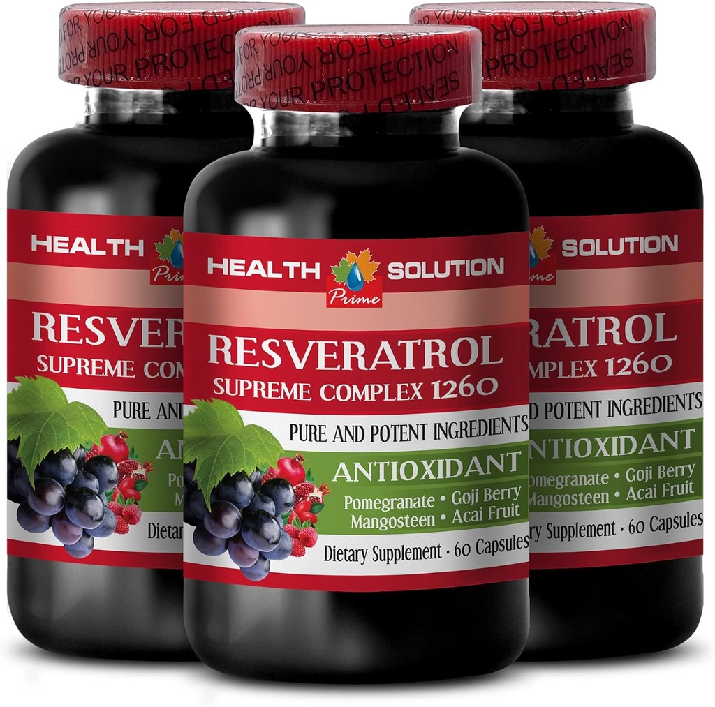 Versterk uw natuurlijke uithoudingsvermogen - RESVERATROL SUPREME COMPLEX - Resveratrol Extract met Goji Berry, Acai, Noni, Granaatappel, Mangosteen, Superfruit Blend, Antioxidant, Immune Support, 3 Bot 180 Caps