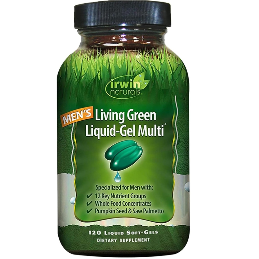 Irwin Naturals Mannen Levend Groen Vloeistof-Gel Multi - 70 Essentiële Nutriënten, Vol-Spectrum Vitaminen, Wholefood Blend - Gerichte Adrenal & Brain Ondersteuning - 120 Liquid Softgels