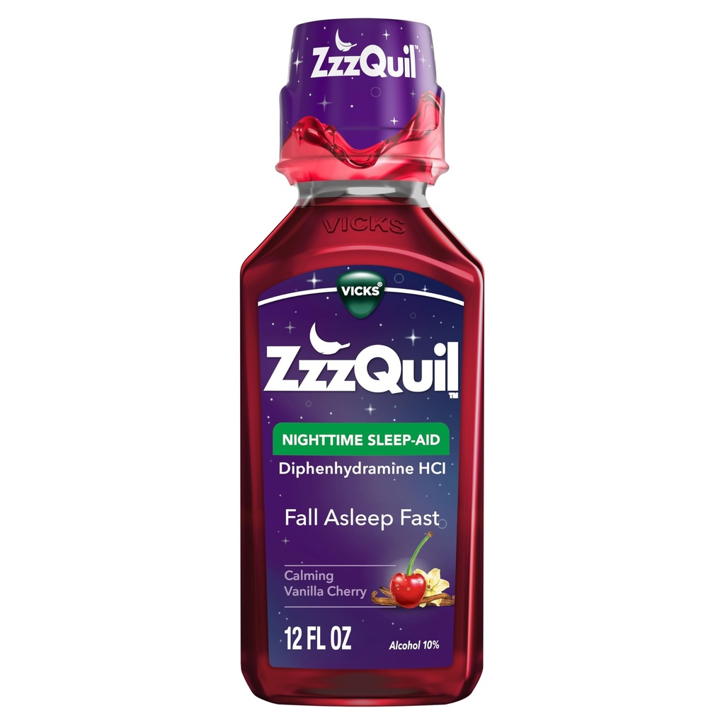 ZzzQuil, Nacht slaaphulp vloeistof, 50 mg difenhydramine HCl, nr.1 slaaphulp merk, vallen slapen snel, non-habit vormen, Calming Vanilla Cherry, 12 FL OZ