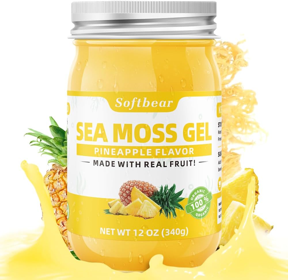 softbear Sea Moss Gel Ananas Flavored 12 OZ - Wildcrafted Irish Sea Moss Gel Biologische Raw 92 Mineralen en Vitaminen Non-GMO Glutenvrije Veganistische Supplementen Immune Thyroid Digestieve Ondersteuning