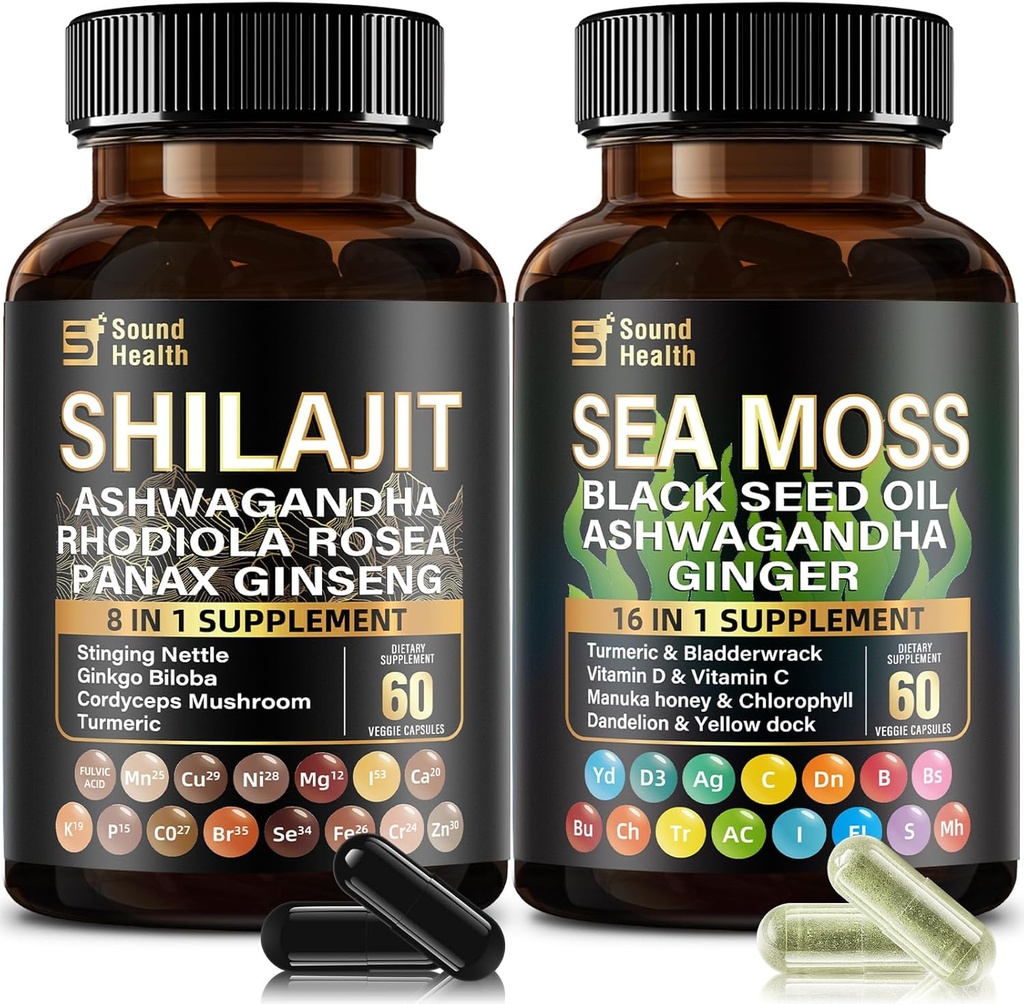 SoundHealth Irish Sea Moss & Shilajit Capsule Bundle for Men & Women, Third-Party Tested, Non-GMO , Easy-Swallow & Vegan 120 Capsules