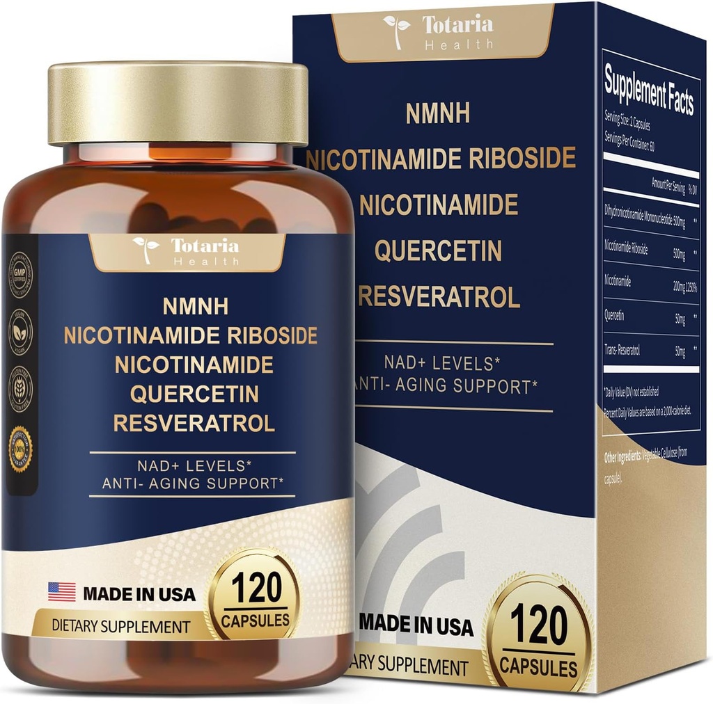 Totaria NMNH (Dihydronicotinamide Mononucleotide), NMNH Supplement w/Niacinamide (Vitamine B3), Ultimate NAD+ Niveau Booster met 500mg NMNH