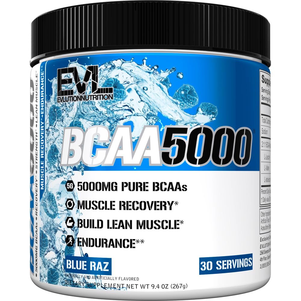 Evluution EVL BCAAs Amino Acides Poudre - BCAA Poudre après l'entraînement Recovery Drink and Stim Free Pre Workout Energy - 5g Branched Chain Amino Acides Supplément pour les hommes - Blue Raz