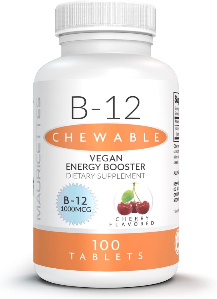Mauricettes natuurlijke vitamine B-12 Methylcobalamine 1000mcg - 100 Kauwbare Cherry Tablets - Sublingual B 12 Supplement voor energie-ondersteuning - Gelatinevrij