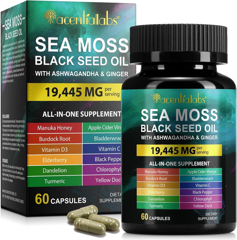 Sea Moss Black Seed Oil Capsules, Ashwagandha Gember Capsule met vitamine C D3, Multi Blend Nutrition Supplement voor immuniteit, spijsvertering, energie, huid en haar, Black Seed Oil Sea Moss Capsules, 60P