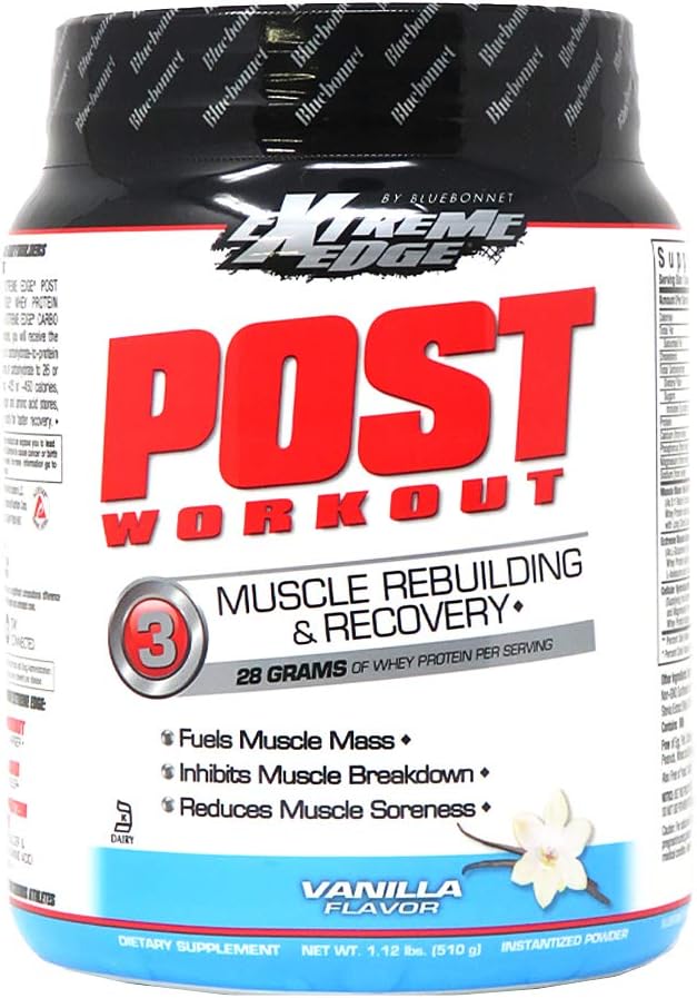 Bluebonnet Nutrition Extreme Rand Post Workout Proteïnepoeder, Gras Fed Cows, 28 Gram Proteïne, Geen Suiker Toegevoegd, Glutenvrij, Sojavrij, Kosher Dairy, 1.12 lb, 12 Servers, Vanille smaak