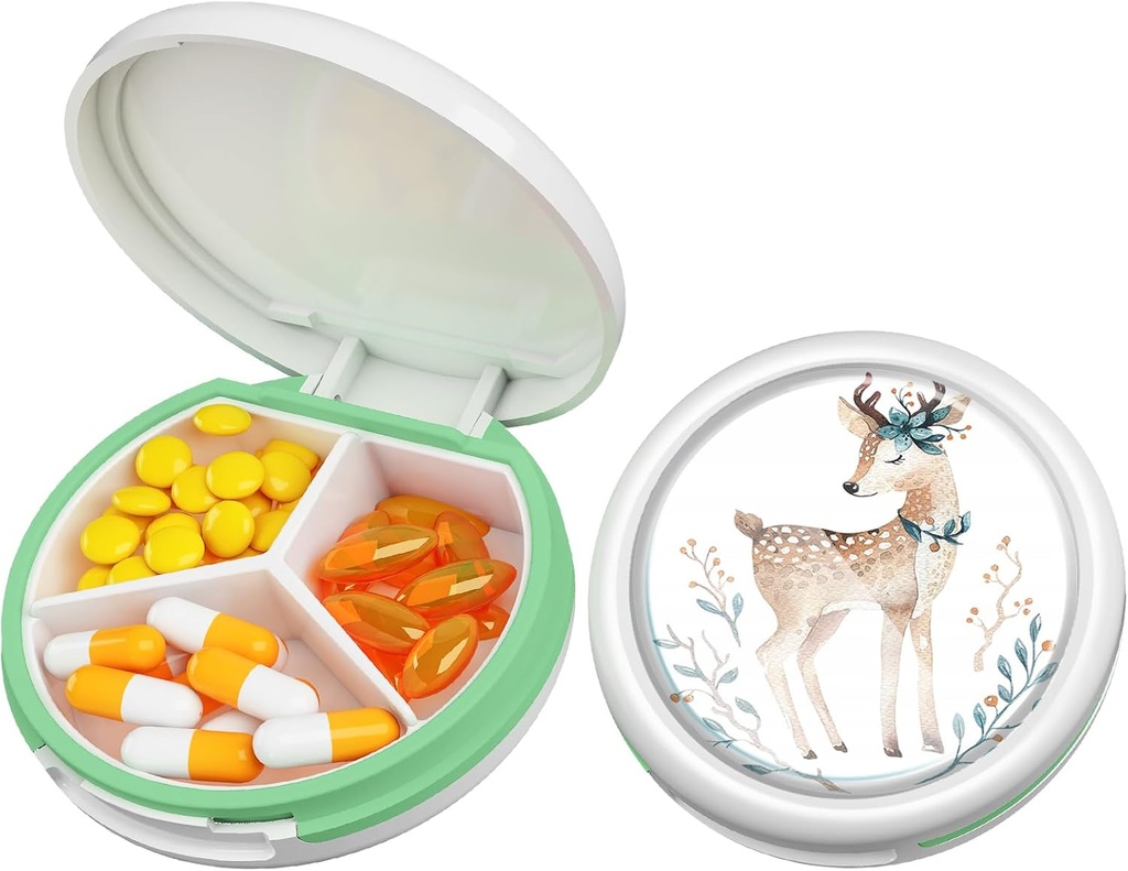 Serfeymi Small Pill Box - 3 Compartments Portable Pill Box for Purse Pocket, Compacte Mini Travel Pill Case - Geschikt voor Geneeskunde, Vitamine, Visolie, Supplementen - White(Dieren)