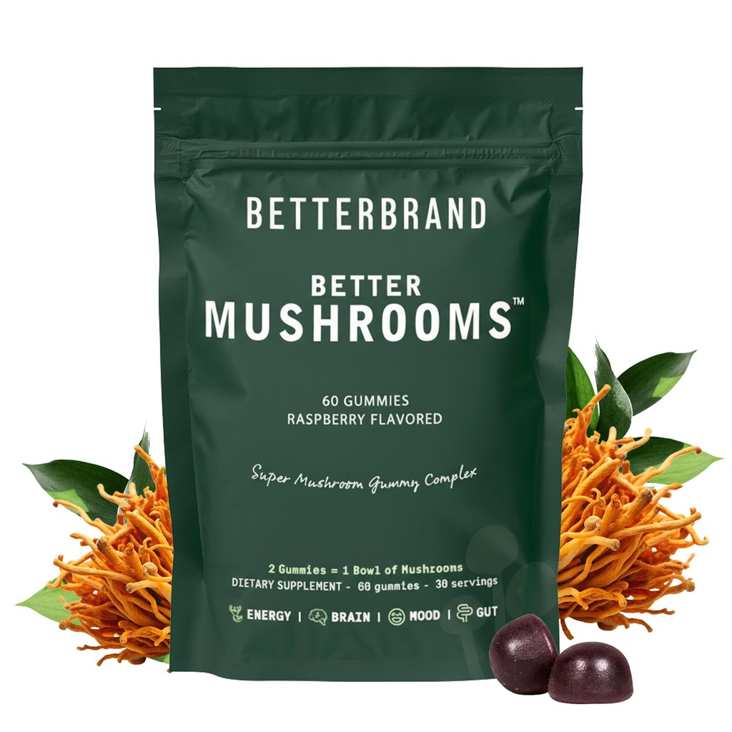 Betterbrand BetterMushrooms Gommies Nootropiques - Soutient une meilleure santé, une meilleure fonction cognitive, une clarté mentale avec 10 champignons fonctionnels - 60 Gommies - Arôme de framboise - Pack de 1