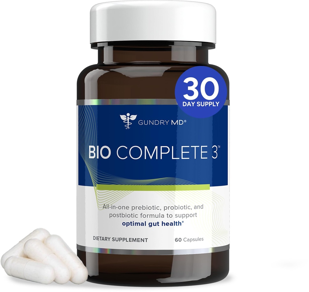 Gundry MD® Bio Complete 3, 3-in-1 Probiotica voor Gut Health, Probiotische supplementen voor digestie, supplement ondersteunen opgeblazen, gas, voedsel verlangen, energieniveaus, huid, en focus, 30 dagen levering
