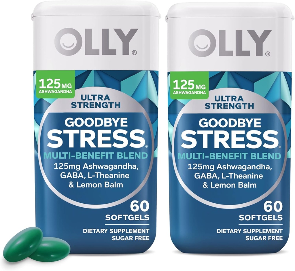 OLLY Ultra Strength Goodbye Stress Softgels Twin Pack, GABA, Ashwagandha, L-Theanine en Citroen Balm, Stress Relief Supplement - 120 Tellen