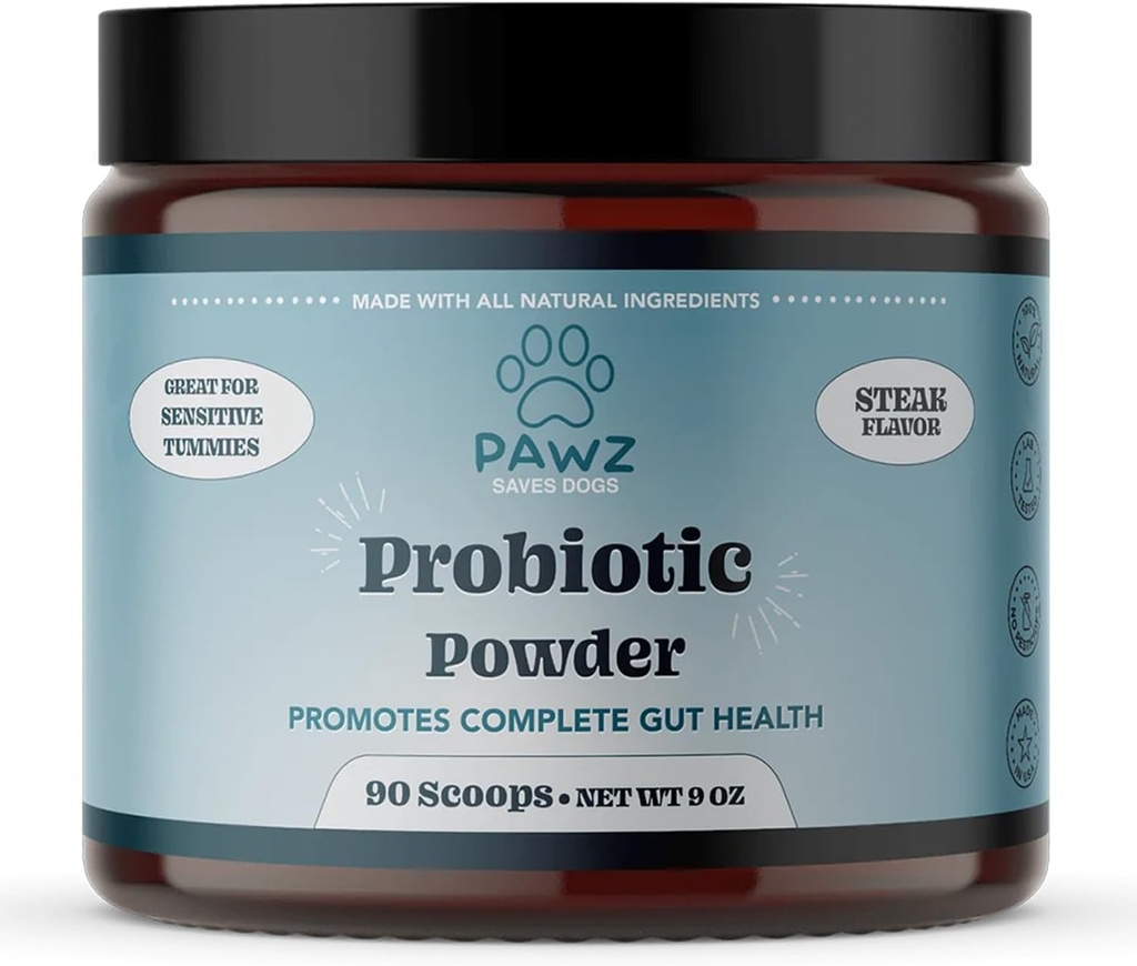 PAWZ Probiotic Powder for Dogs - 90 Scoops Steak Flavor - Bevordert Gut Health en Digestie - Probiotica Supplement Ondersteuning Immune System & Skin and Coat Health - Geschikt voor alle soorten honden