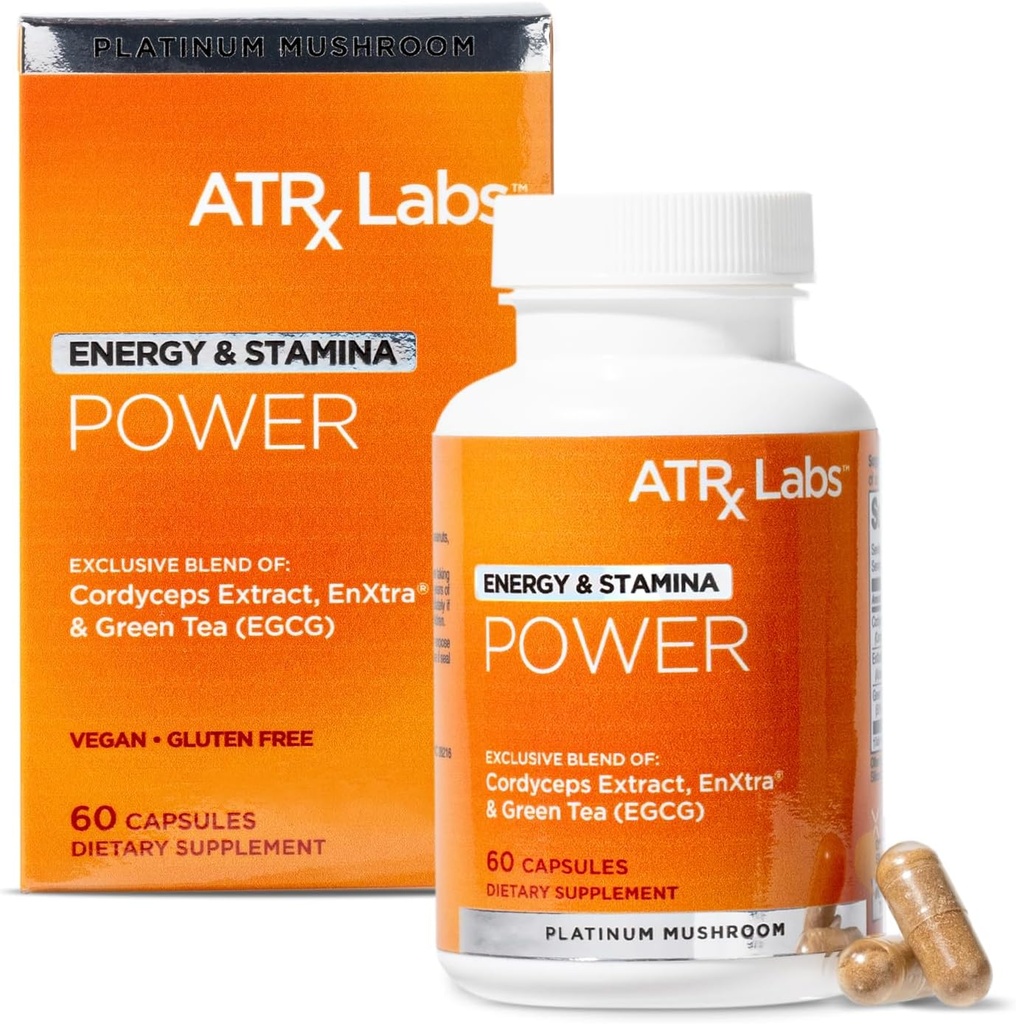 Power: Energy & Stamina - Mushroom Supplement, with Cordyceps, Green Tea, and Proprietary Extract of Alpinia Galanga, May Improve Focus and Energy, Vegan & Gluten-Free, 60 Capsules