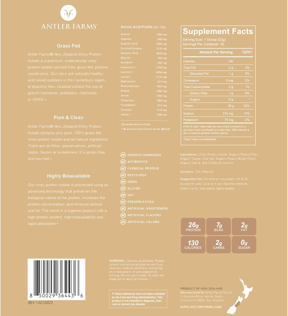 Antler Farms - 100% Gras Fed Nieuw-Zeeland Wei Proteïne Isolaat, Pindakaas Chocolade smaak, 2 lbs - Puur en schoon, 7 Ingrediënten, Koud verwerkt